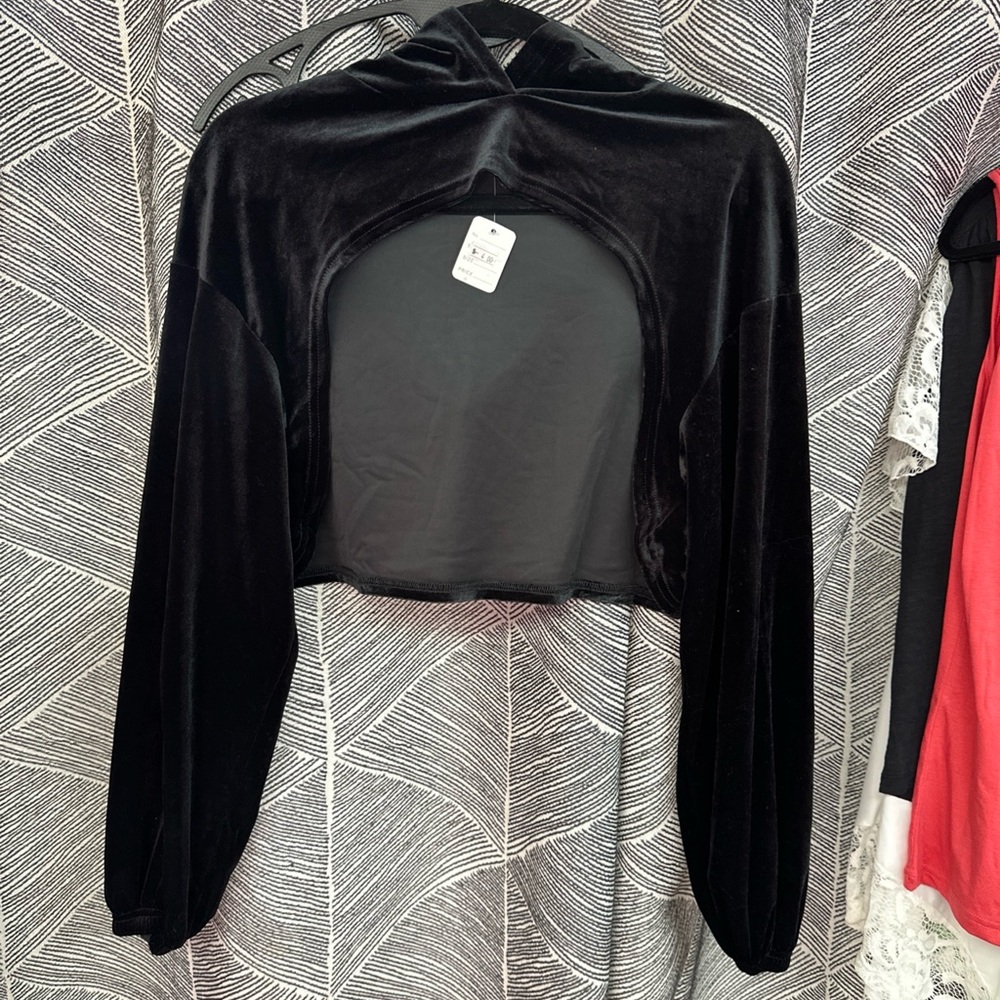 Wild Fable Cropped Sweater Womens M Black Hooded Open Front Long Sleeve <<263>> - Picture 8 of 8